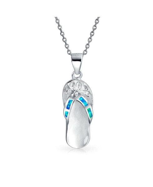 Nautical Blue Synthetic Opal Flip Flop Sandal Pendant Necklace For Women For Sterling Silver