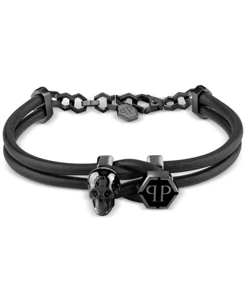 Black-Tone Stainless Steel 3D $kull & Logo Leather Flex Bracelet