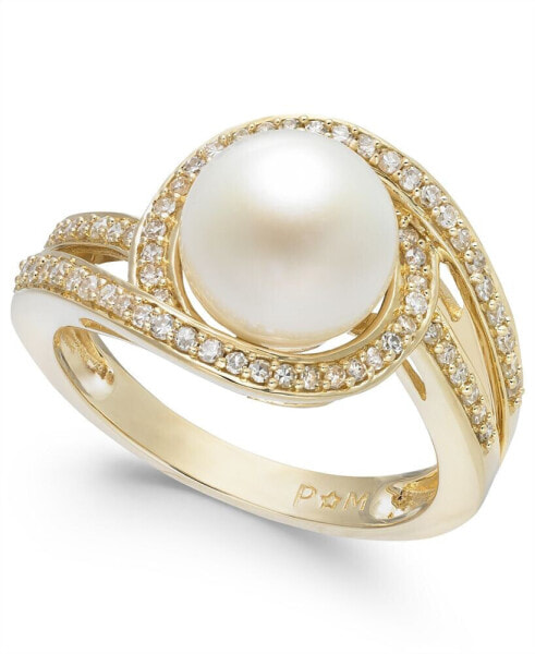 White Cultured Freshwater Pearl (9mm) and Diamond (1/3 ct. t.w.) Swirl Ring in 14k White Gold (Also Available in 14k Yellow Gold & 14k Rose Gold)