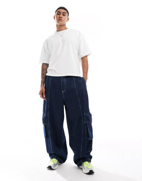 ASOS DESIGN oversized balloon jeans with cargo pockets in dark wash blue