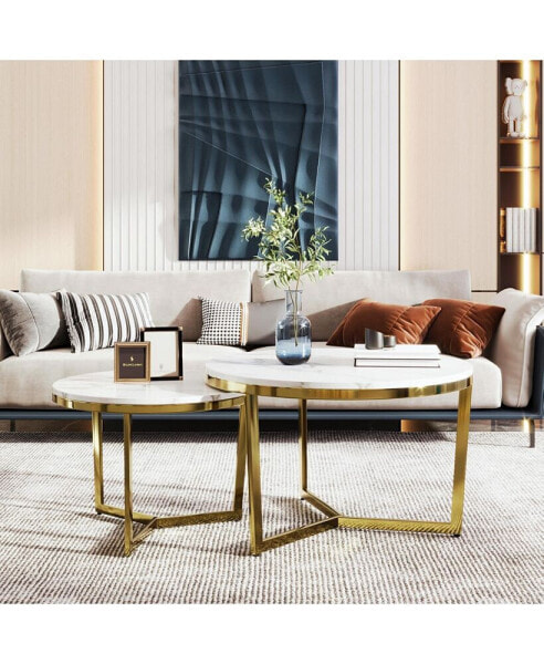 Modern Round Nesting Coffee Table Set 2-Piece White & Marbling Top Gold Base