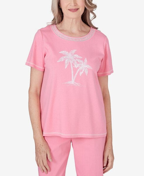 Women's Miami Beach Embroidered Palm Tree Short Sleeve Top