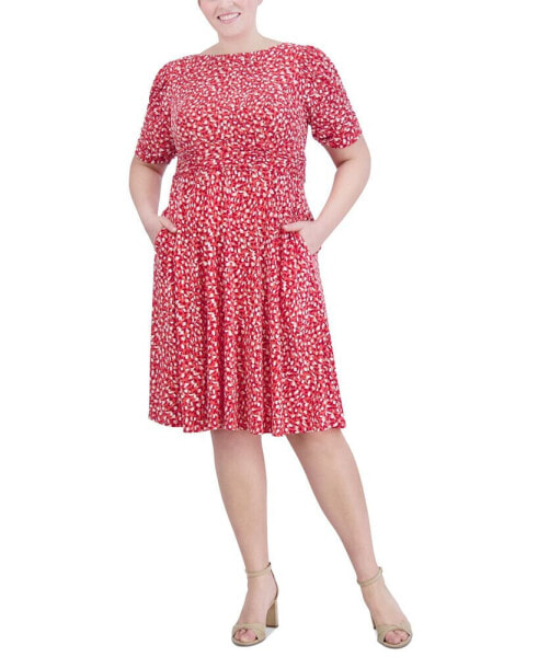Plus Size Printed Ruched-Sleeve Dress