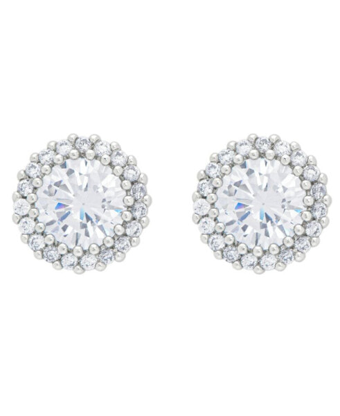 Women's Fine Silver Plated Round Halo Cubic Zirconia Stud Earrings