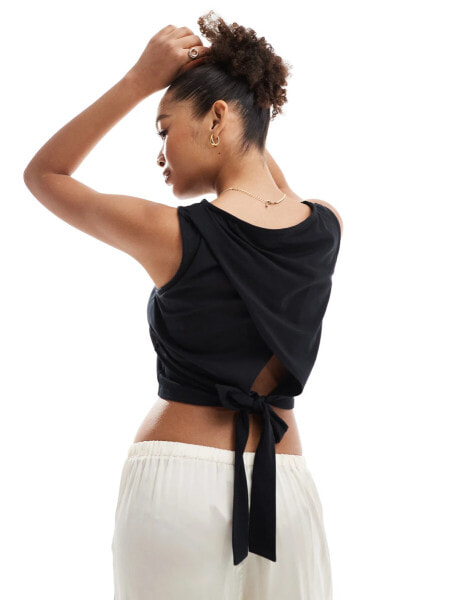 ASOS DESIGN boat neck top with tie back detail in black