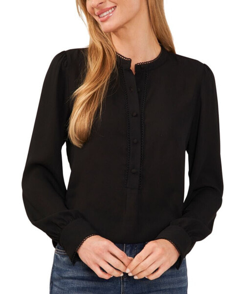 Women's Scallop Trim Button Front Long Sleeve Top