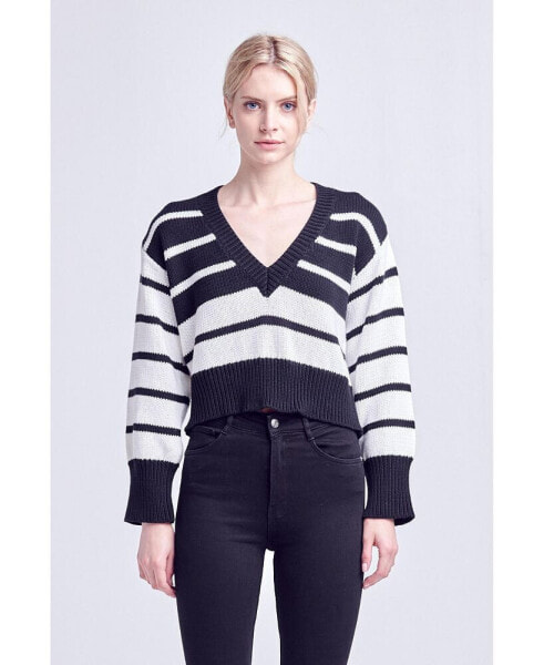 Women's V-neck Striped Sweater