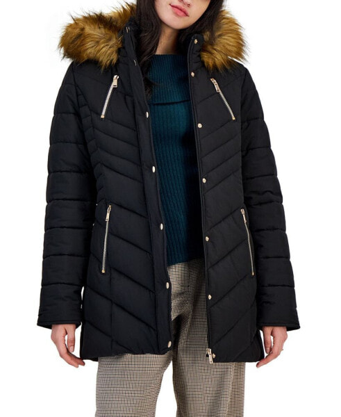 Juniors' Faux-Fur-Trim Hooded Puffer Coat, Created for Macy's