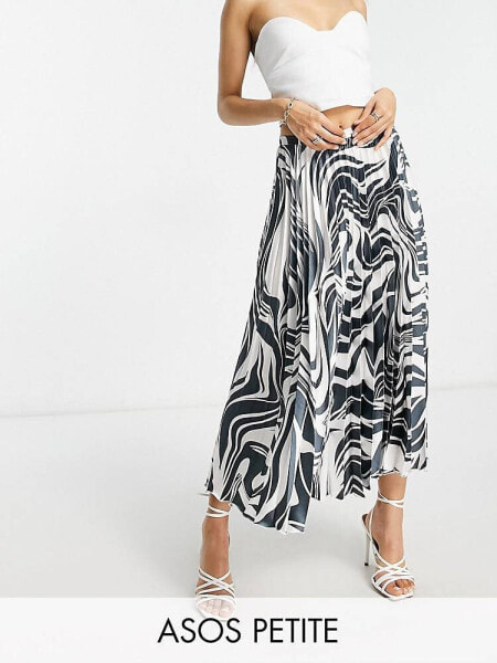 ASOS DESIGN Petite satin pleated midi skirt in mono zebra print 
