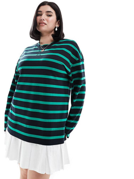 ASOS DESIGN Curve 2 in 1 long sleeve sweat dress with pleat skirt in stripe