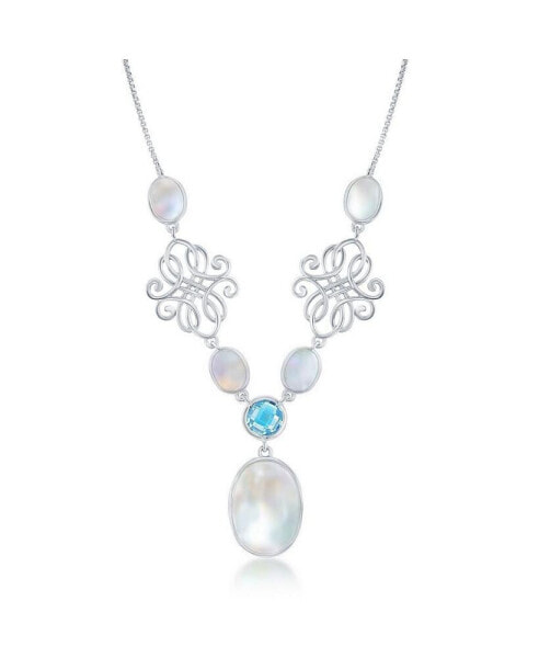 Sterling Silver Oval MOP & Blue Topaz, Designed Necklace