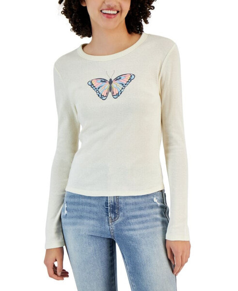 Juniors' Long-Sleeve Crewneck Butterfly Graphic T-Shirt