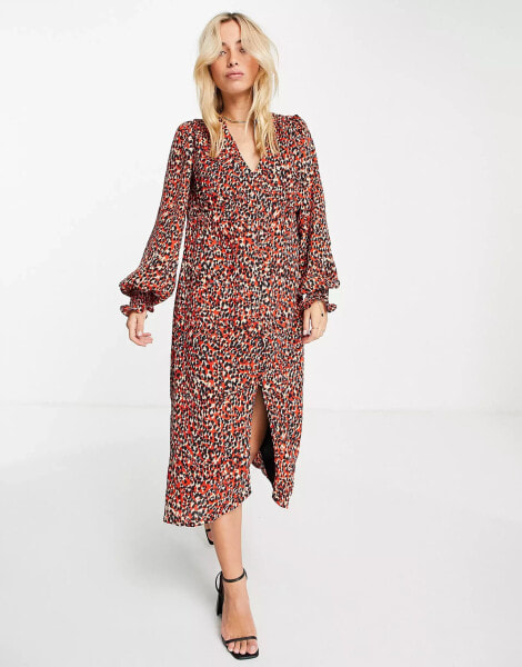 In The Style x Olivia Bowen v neck button through midi dress in red animal print