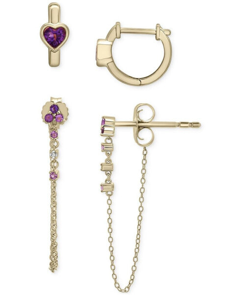 2-Pc. Set Amethyst (5/8 ct. t.w.) & Lab-grown White Sapphire (1/20 ct. t.w.) Hoop & Chain Drop Earrings in 14k Gold-Plated Sterling Silver