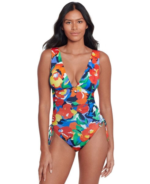 Women's Shirred Plunge-Neck One-Piece Swimsuit