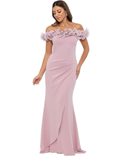 Women's Scuba-Crepe Ruffled Off-The-Shoulder Fit & Flare Gown