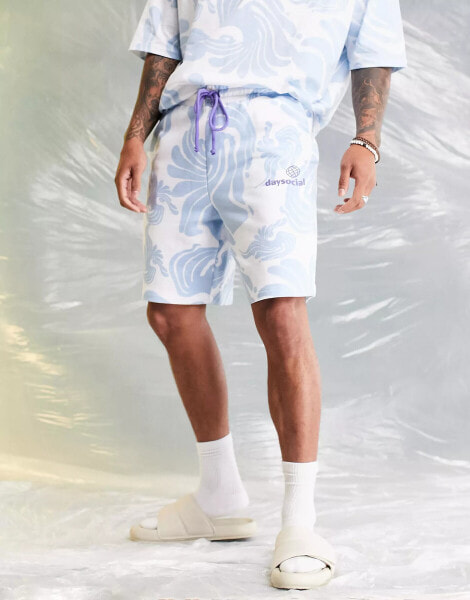 ASOS Daysocial co-ord relaxed short with all over wave print in blue