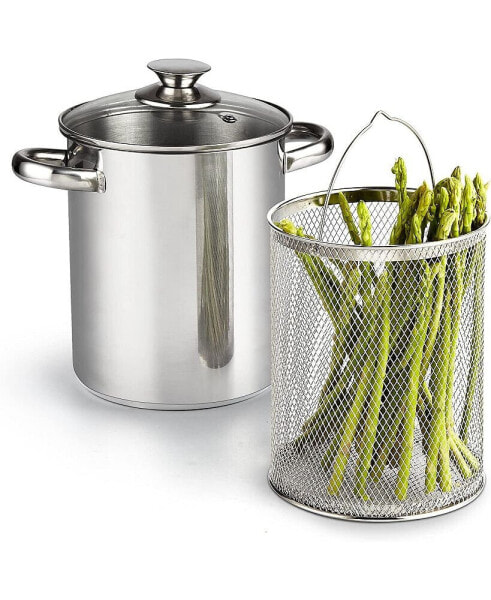 Basics Stainless Steel Asparagus Vegetable Steamer Pot Deep Oil Fry Pan, 4 quart