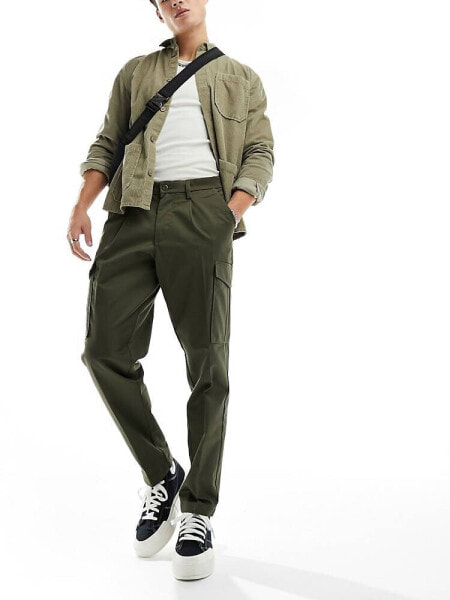 Jack & Jones tapered smart cargo trouser with front pleat in khaki