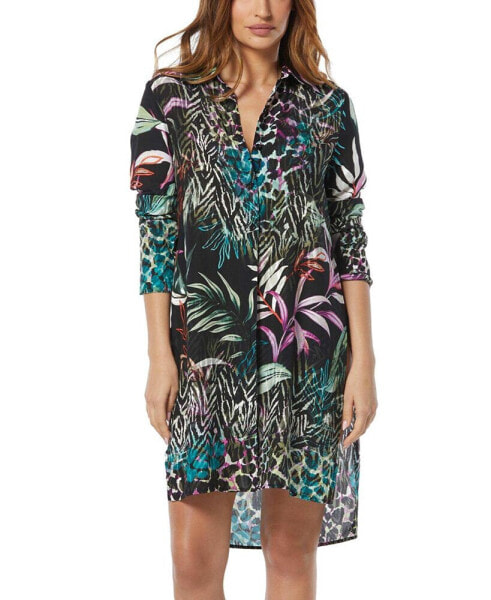Women's Printed Tie-Front Swim Cover-Up Shirt
