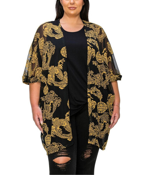 Plus Size Dragon Print Mesh Roll Sleeve Kimono Top