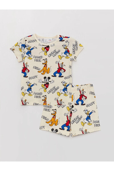 Bisiklet Yaka Kısa Kollu Mickey Mouse Baskılı Erkek Bebek Şortlu Pijama Takımı