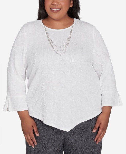 Plus Size Worth Avenue Crew Neck Solid Textured Top With Necklace