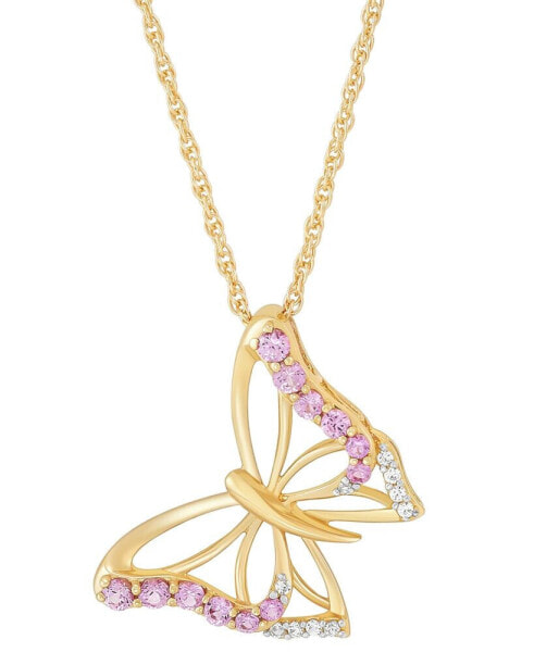 Lab-Grown Pink Sapphire (3/8 ct. t.w.) & Lab-Grown White Sapphire (1/20 ct. t.w.) Butterfly Pendant Necklace in 14k Gold-Plated Sterling Silver, 16" + 2" extender