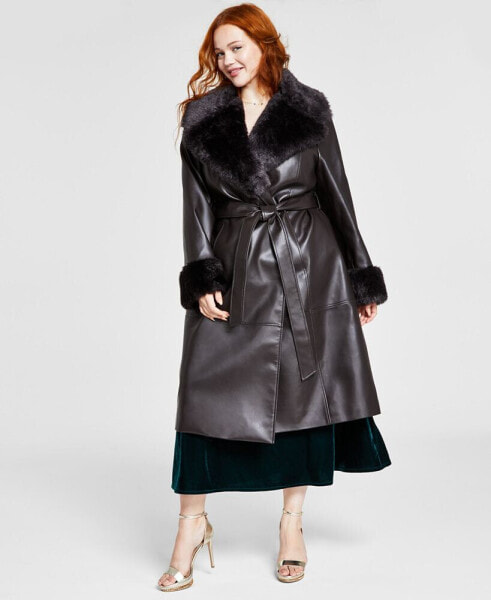 Women's Plus Size Faux-Leather Faux-Fur-Trim Trench Coat