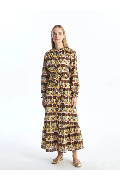 LCW Modest Dik Yaka Desenli Uzun Kollu Kadın Gömlek Elbise