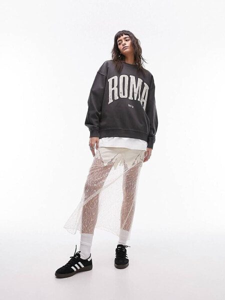 Topshop graphic Roma 1973 vintage wash oversized sweat in charcoal