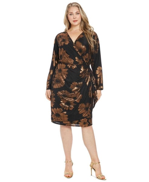 Plus Size Foil-Flower Faux-Wrap Sheath Dress