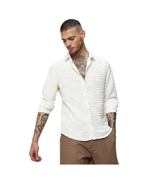 Men's Ivory White Self-Design Wave Shirt