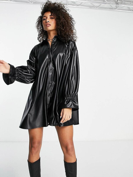 ASOS DESIGN leather look oversized shirt dress in black