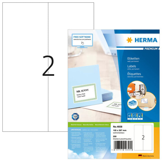 HERMA Labels Premium A4 105x297 mm white paper matt 200 pcs. - White - Rectangle - Permanent - Paper - Matte - Laser/Inkjet