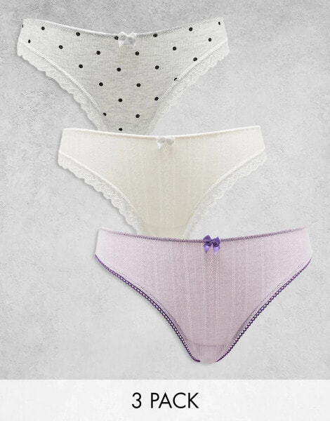 ASOS DESIGN 3 pack brief with lace trim in grey polka dot, white & lilac pointelle