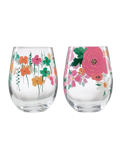 Floral Bright Stemless Wine Glasses, Set of 2