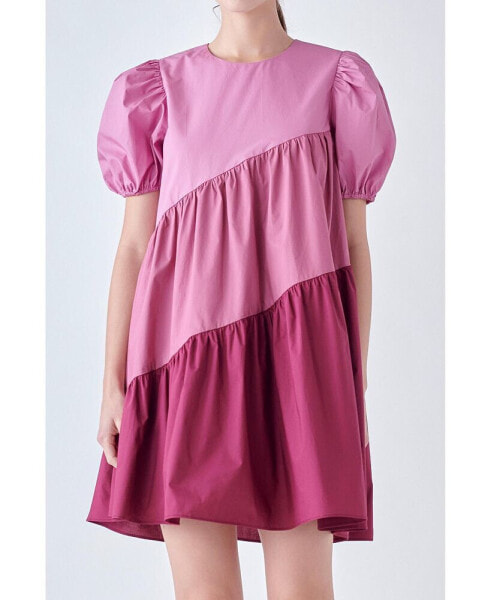 Women's Asymmetrical Colorblock Puff Sleeve Dress