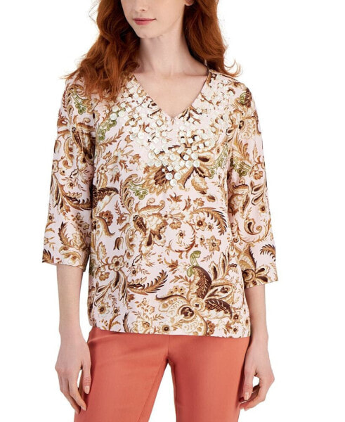 Women's Printed 3/4 Sleeve V-Neck Embellished Top, Created for Macy's