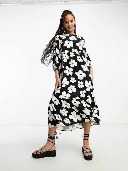 New Look high neck puff sleeve smock midi dress in black floral