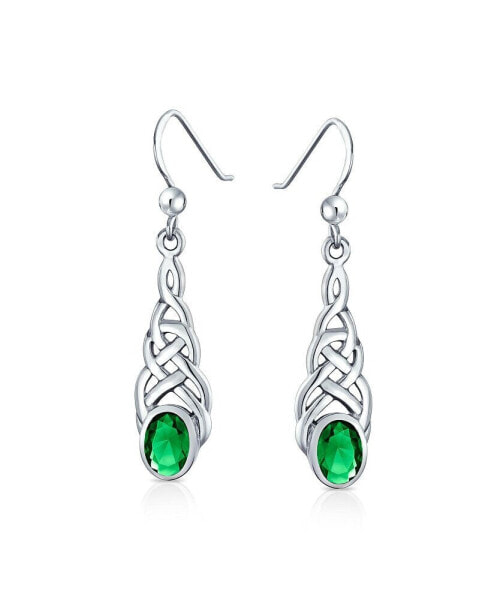 BFF Green Oval Bezel Love Knot Dangle Irish Celtic Earrings For Women Fish Hook Sterling Silver