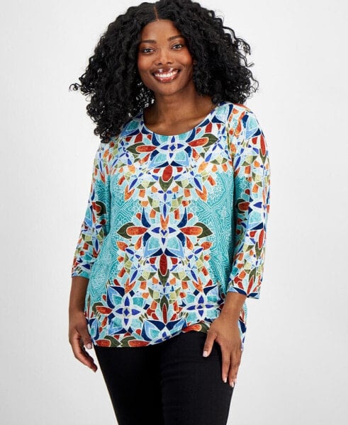 Plus Size Printed 3/4-Sleeve Top, Created for Macy's