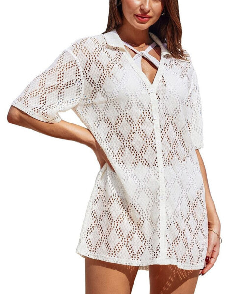 Women's s Crochet Button Down Knit Cover-Up Top