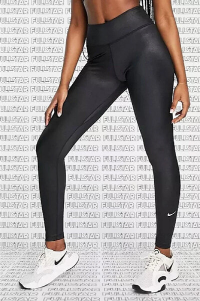 Леггинсы женские Nike The One Mid-Rise Shine Black - утягивающие 2 с карманом 3D, черные.