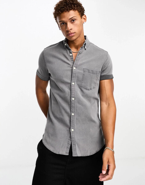 ASOS DESIGN short sleeve stretch slim denim shirt in washed black