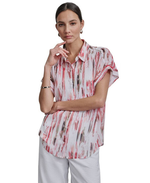 Women's Crinkle Chiffon Printed Dolman-Sleeve Blouse