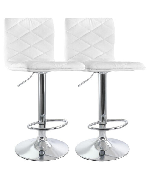 2 Piece Adjustable Diamond Tufted Faux Leather Bar Stool in White with Chrome Base