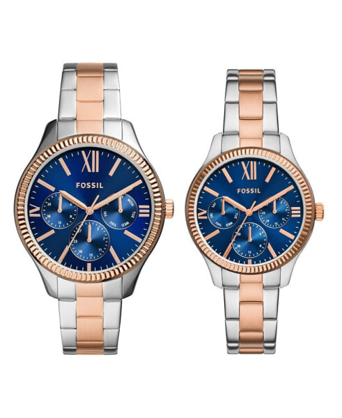 His and Hers Multifunction Two-Tone Stainless Steel Watch Set, 42mm 36mm