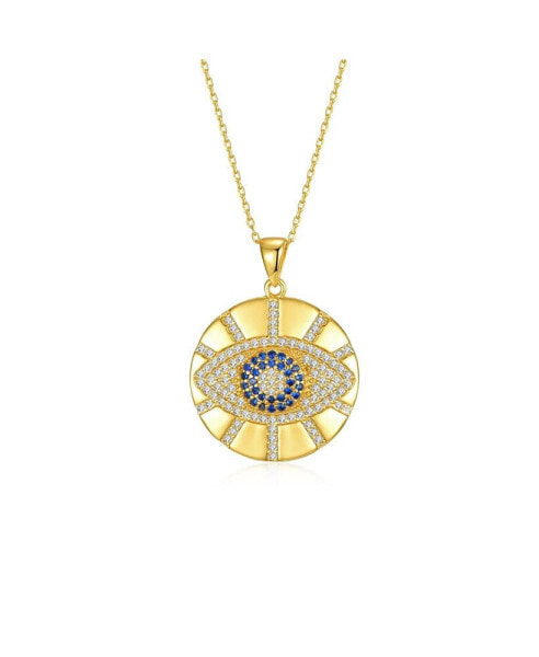 Sterling Silver 14k Gold Plated with Cubic Zirconia Evil Eye Light Rays Medallion Pendant Necklace