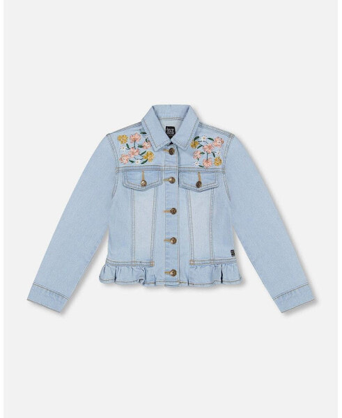 Girl Jean Jacket With Embroidery Light Blue Denim - Child